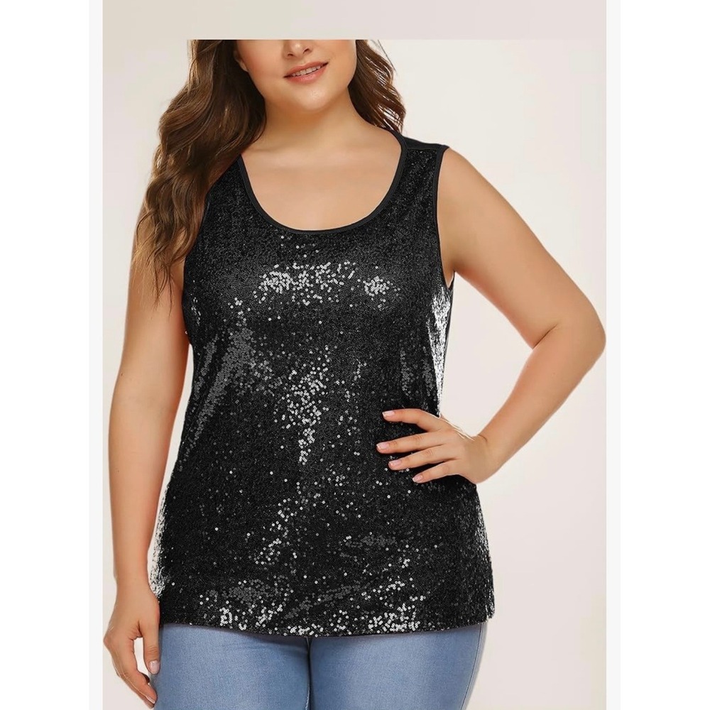 In'Voland‎  Black Sequin Tank Top Scoop Neck Blouse All Over Glitter Sz 30W